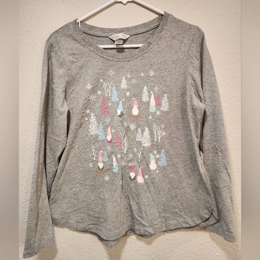 Women's Gray Long Sleeve Shirt with Festive Gnome Print
